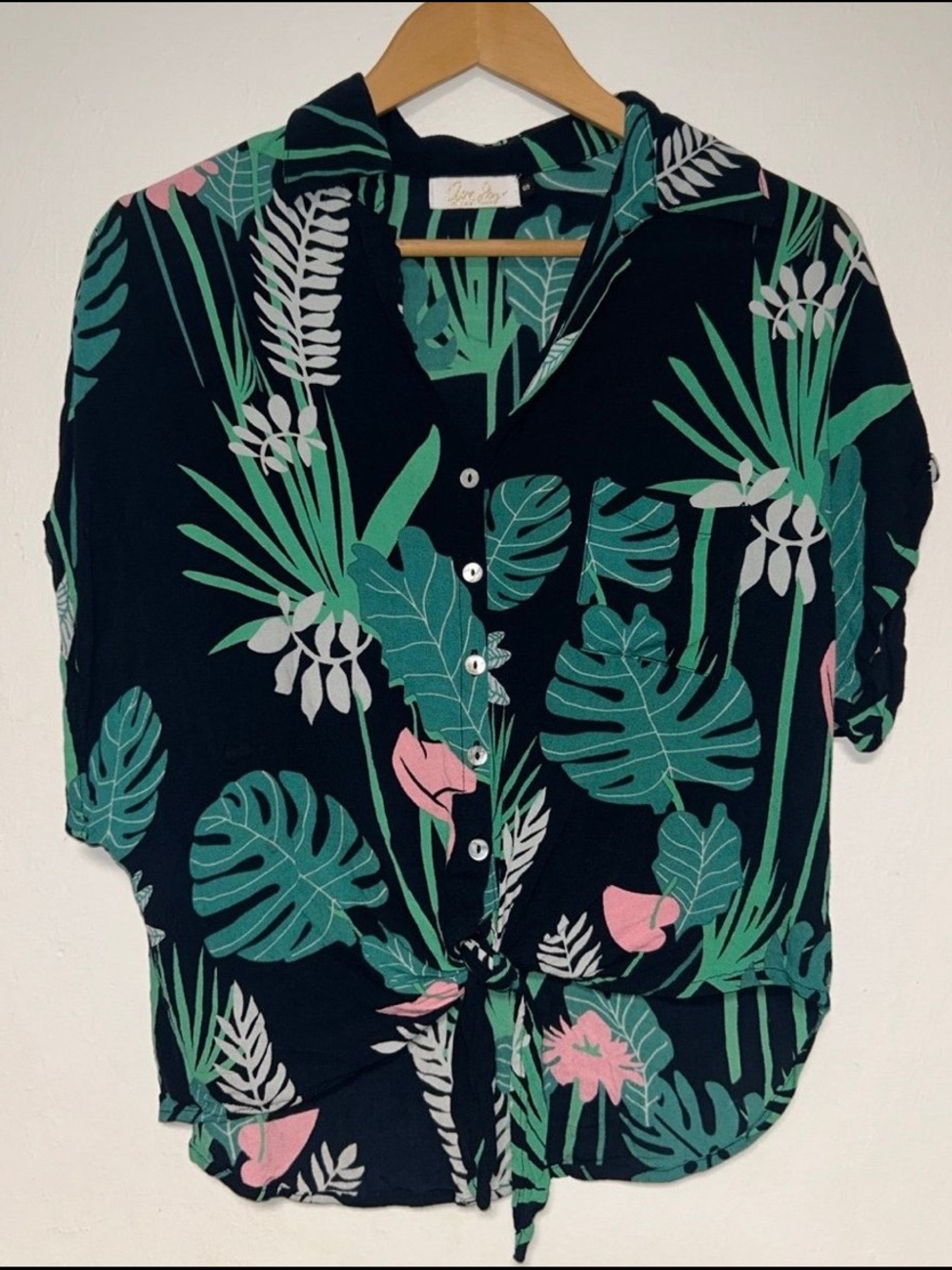 Tropical Print Tie-Front Women’s Top - Green/Pink